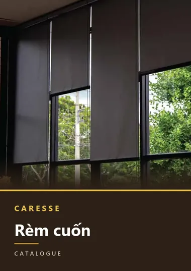 Bìa catalogue rèm cuốn: mặt kính lớn lắp rèm cuốn màu xám